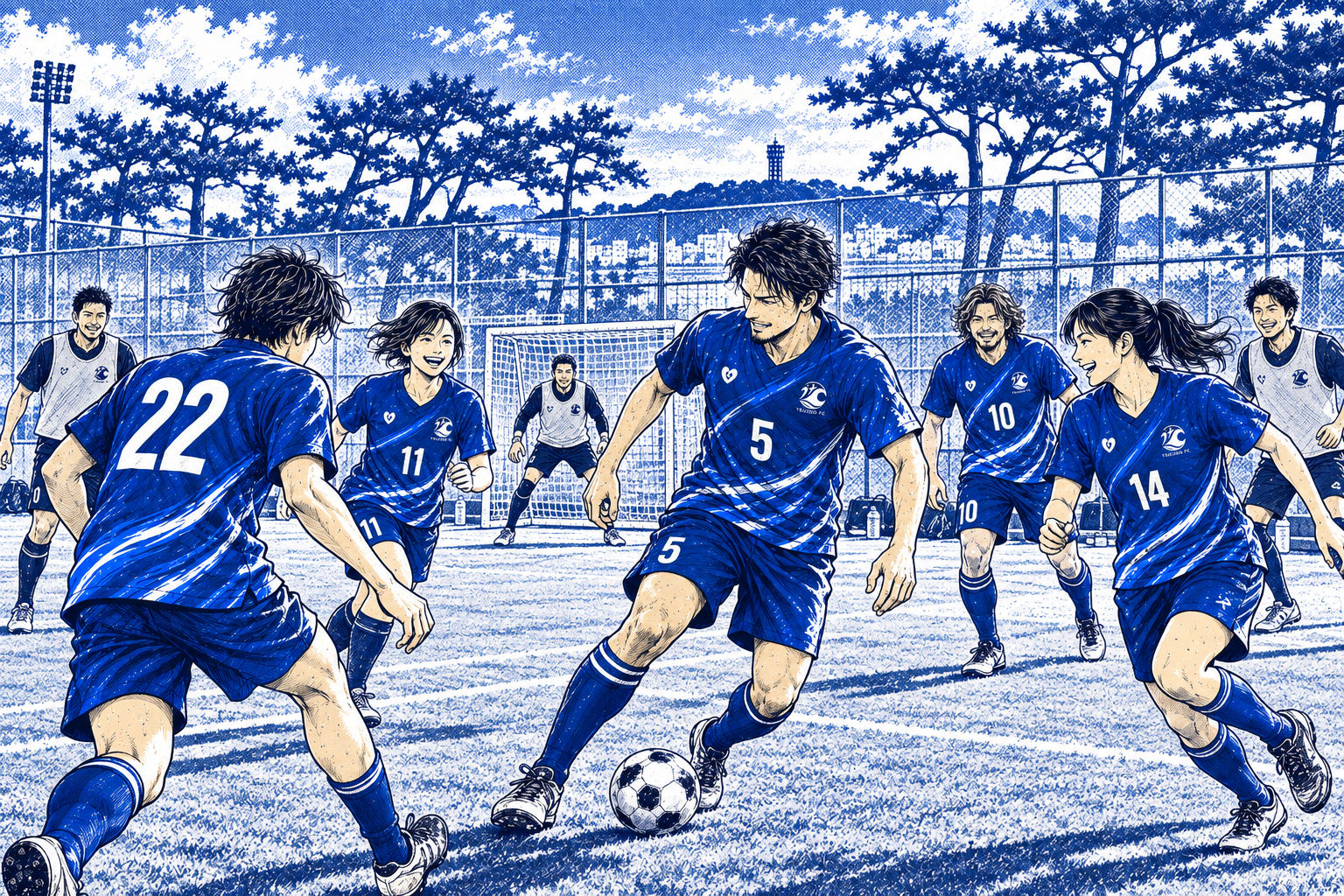 松林に囲まれた辻堂海浜公園のグラウンドをイメージし、仲間がフットサルを楽しむ青白の漫画カット