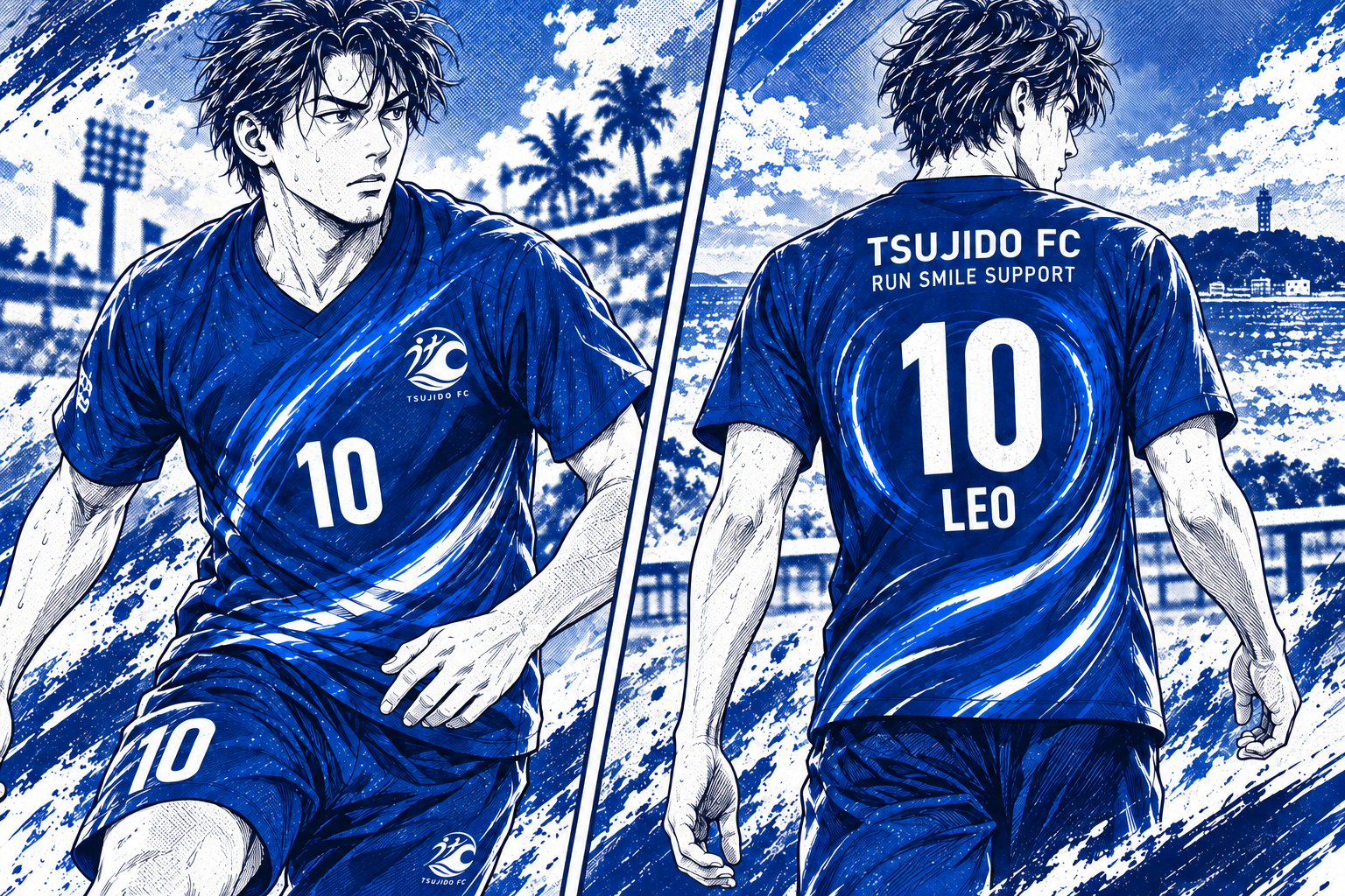 選手がユニフォームを着用した正面と背中の漫画カット
