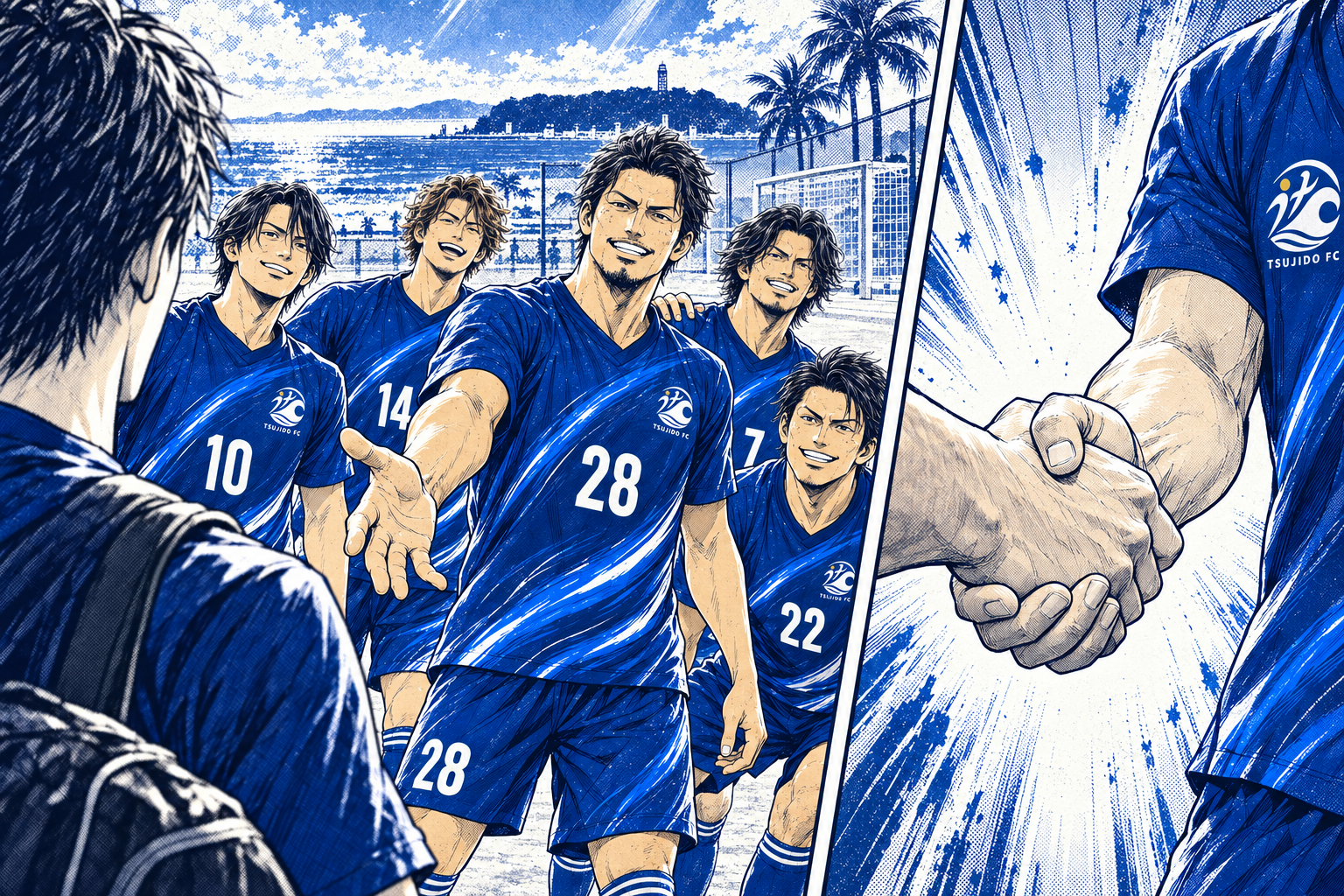 新しい仲間を笑顔で迎える辻堂FCメンバーと、歓迎の握手を拡大した別カット